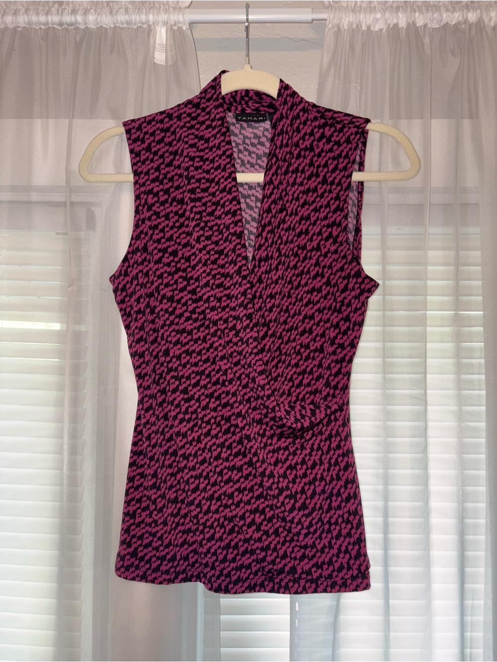 Tahari Pink and Black Drape Neck Sleeveless Top